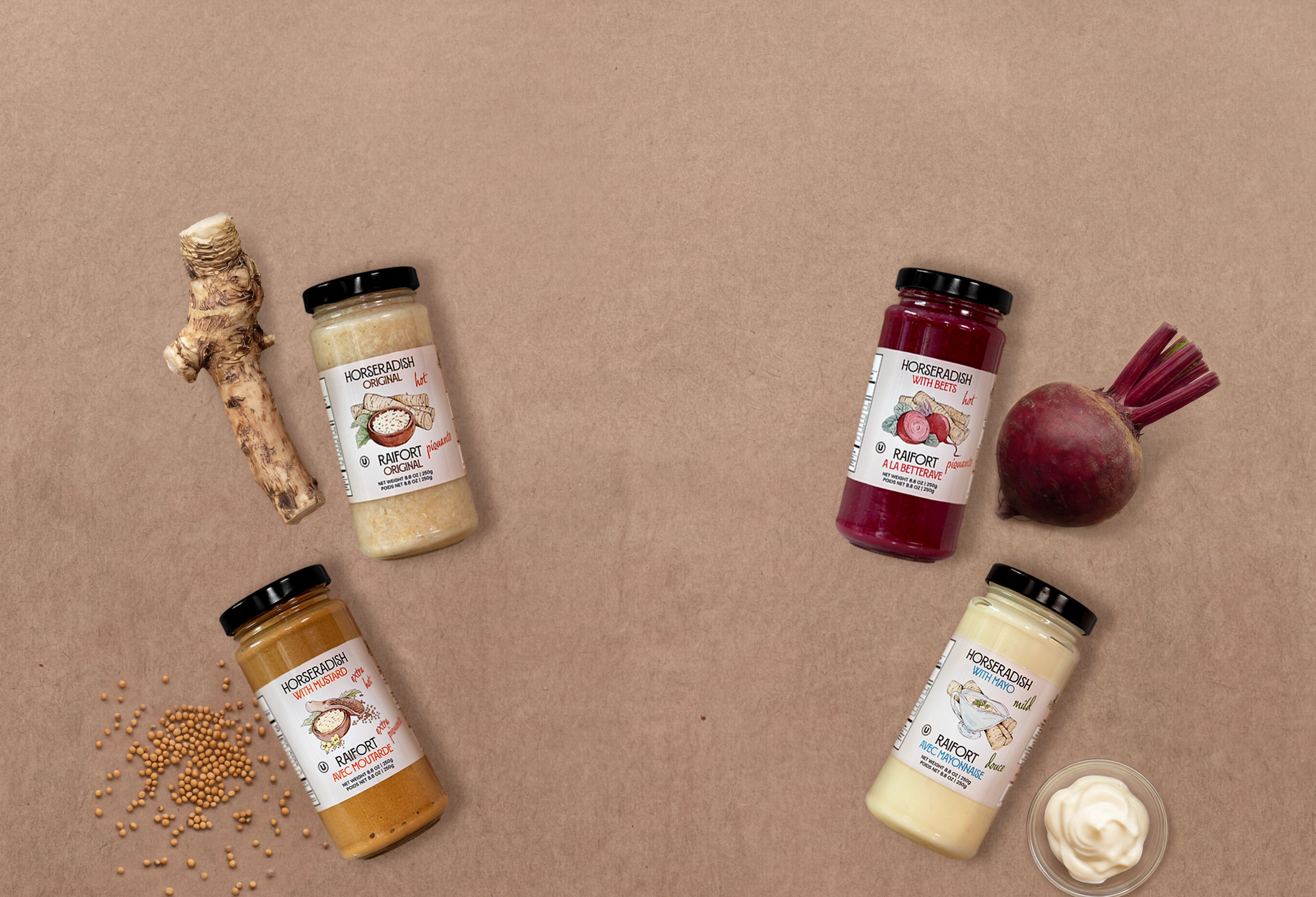 4 jars of horseradish sauces with their ingredients on a brown background
